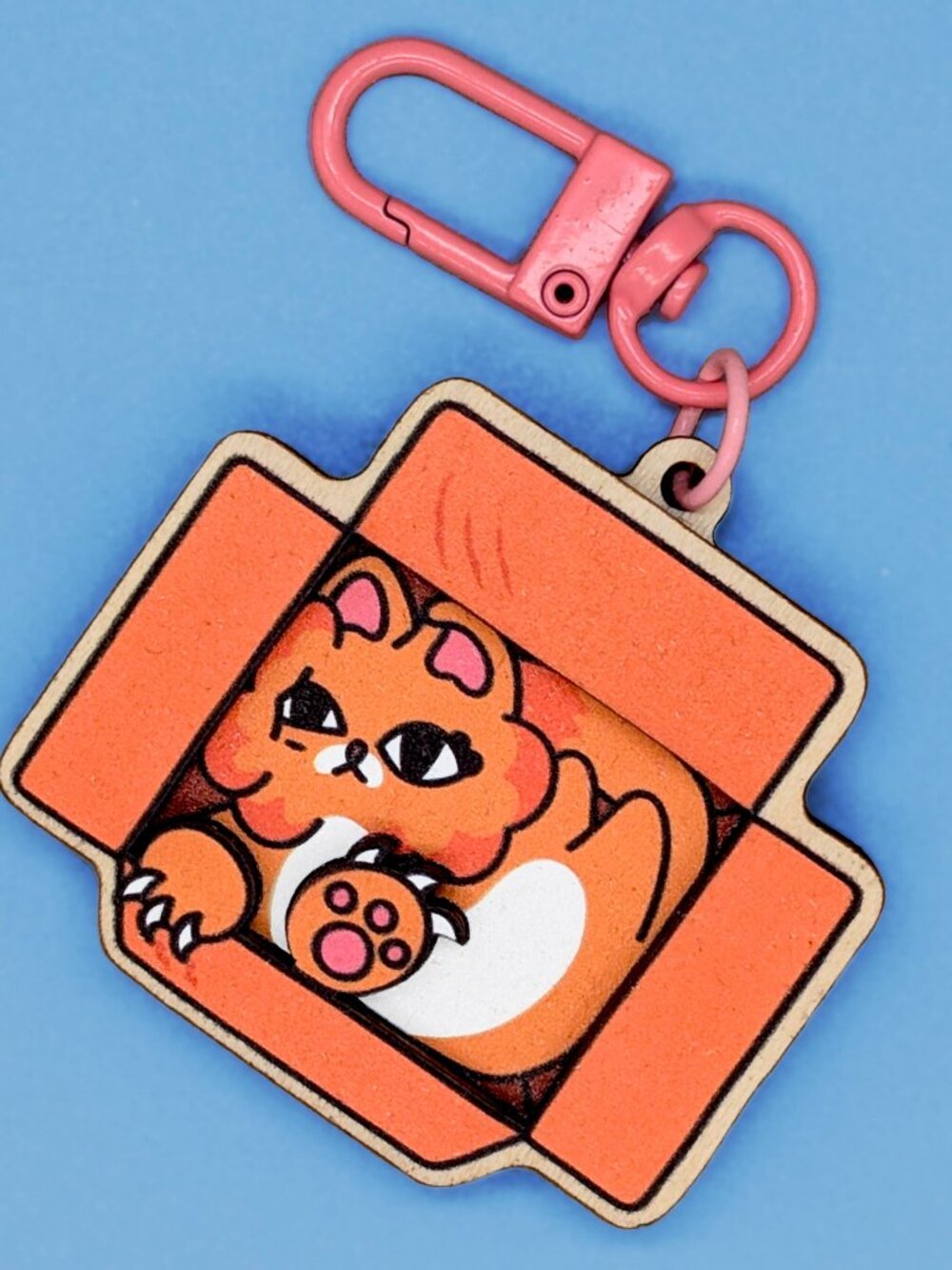 Orange Cat in Cardboard Box 3D Wooden Keychain